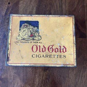 VINTAGE EMPTY FLAT OLD GOLD 50 COUNT CIGARETTE TIN HINGED LID 5-5/8" X 4.5"